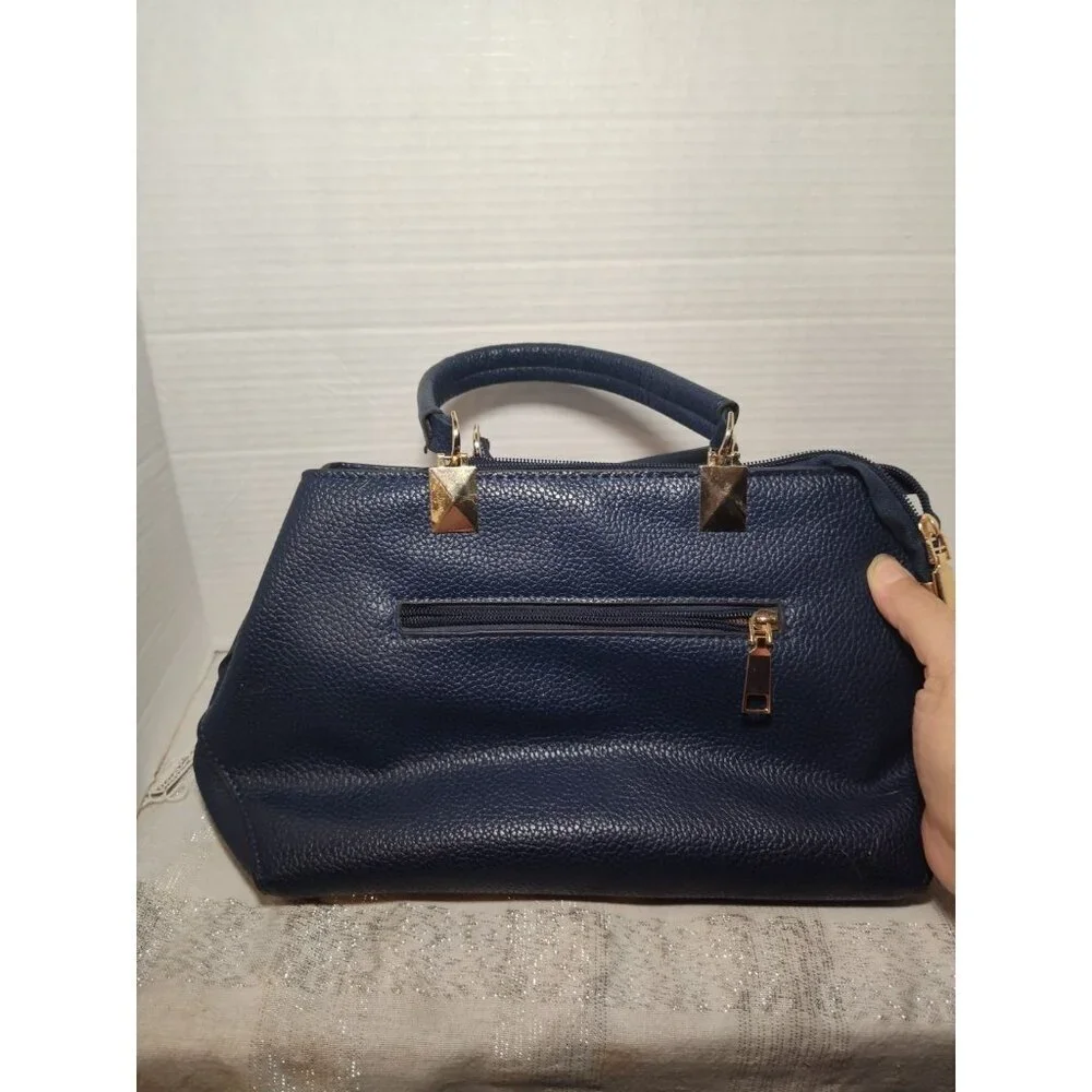 Danbaoly Women's Navy Tote Handbag‎ Faux Leather Gold hardware Brown lining